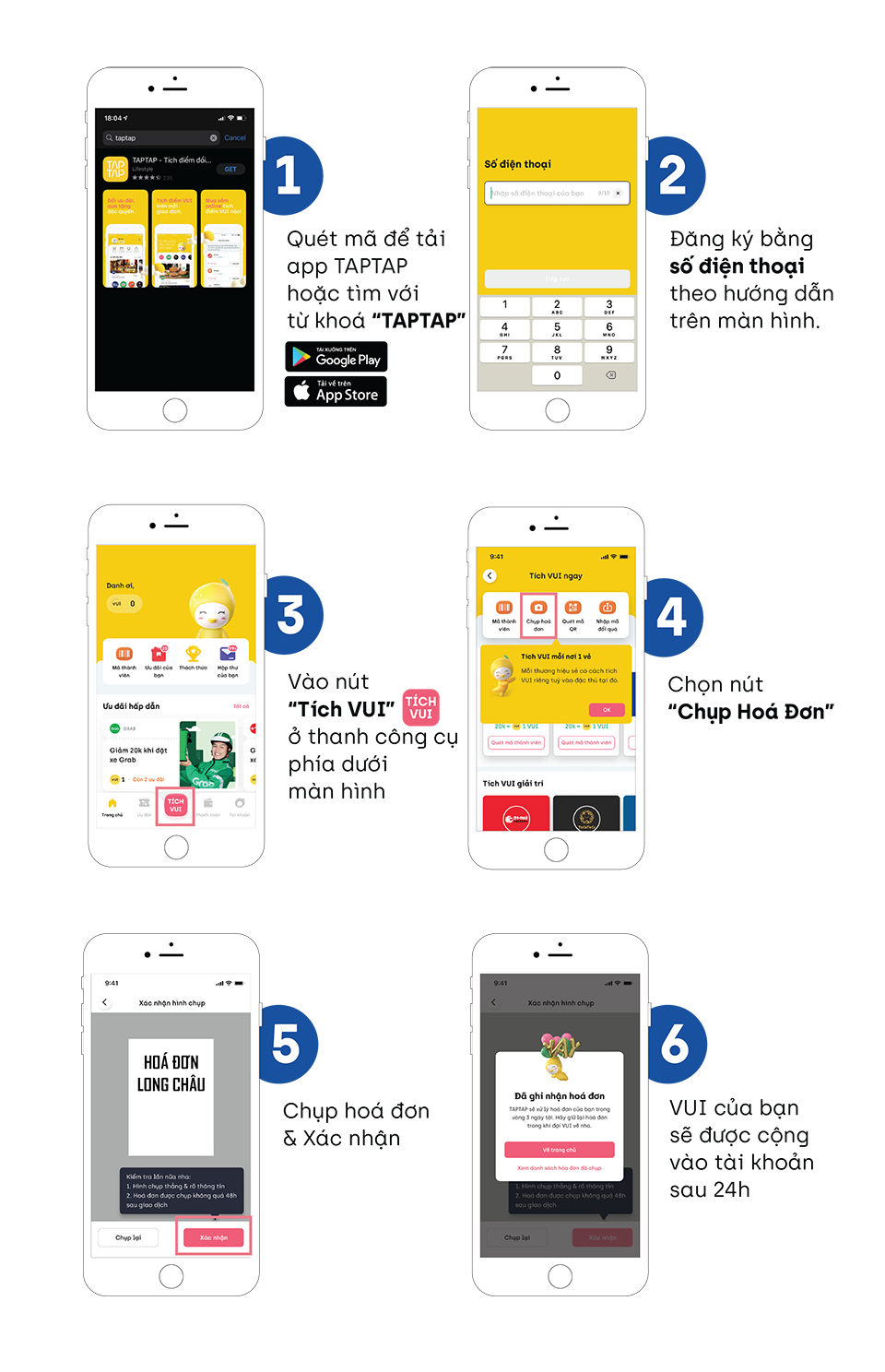 Các bước chụp hoá đơn Long Châu trên app TAPTAP Vietnam